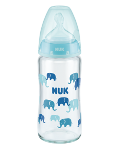 Szklana butelka NUK First Choice ze wskaźnikiem temperatury 240ml niebieskie słonie