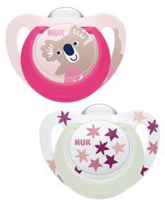 Silikonowy smoczek NUK Star Day & Night świecący w ciemności 2szt. różowy i gwiazdki