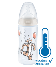 Butelka NUK Disney Kubuś  First Choice+ z czujnikiem temperatury, 300ml, 0-6 miesięcy, beżowa nakrętka, Tygrysek