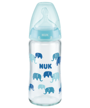 Szklana butelka NUK First Choice ze wskaźnikiem temperatury 240ml niebieskie słonie