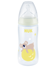 Butelka dla niemowląt NUK First Choice+ z efektem świecenia w ciemności i wskaźnikiem temperatury, odpowiednia dla szczęki, 300ml, nie zawiera BPA, 0-6 miesięcy, miś koala